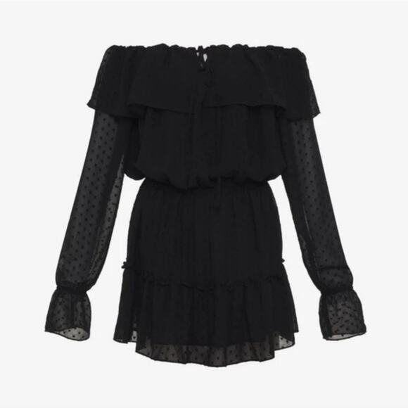 NEW Rumored Senorita Ruffled Tiered Off The Shoulder Midi Dress Black Size Large - Picture 1 of 14